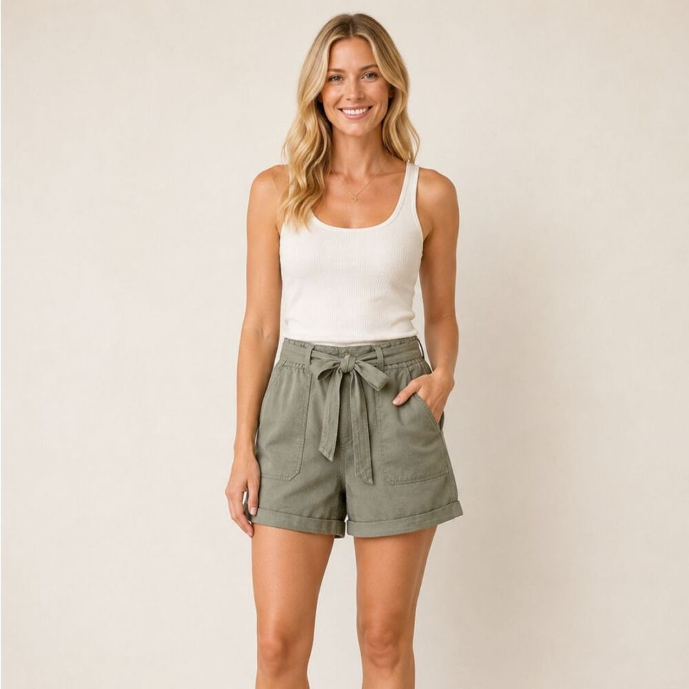 FatFace Linen Blend Shorts Womens US 6 Green Pistachio Tie Waist Cuffed Paperbag